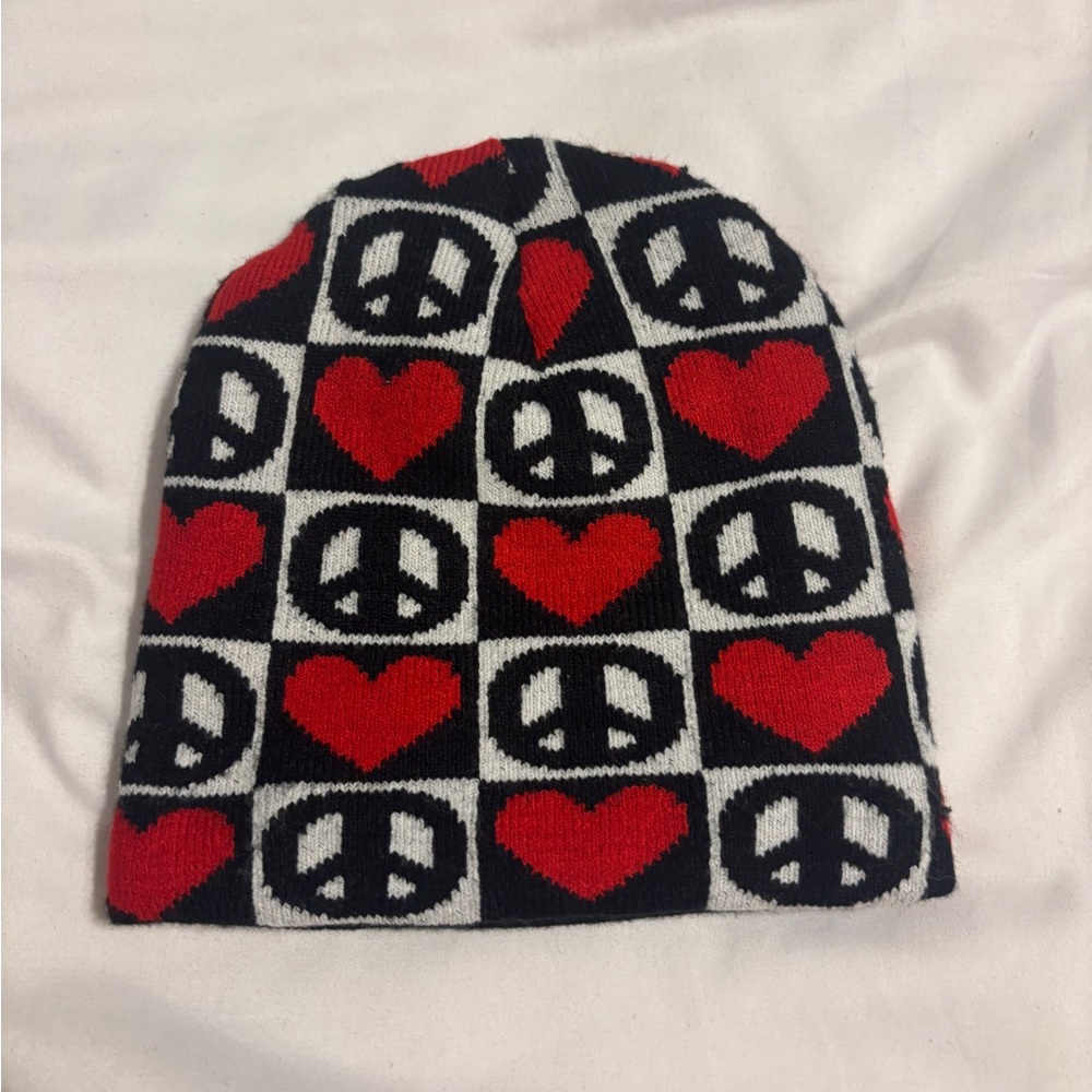Kids Peace and Love Beanie - Red, Black, White